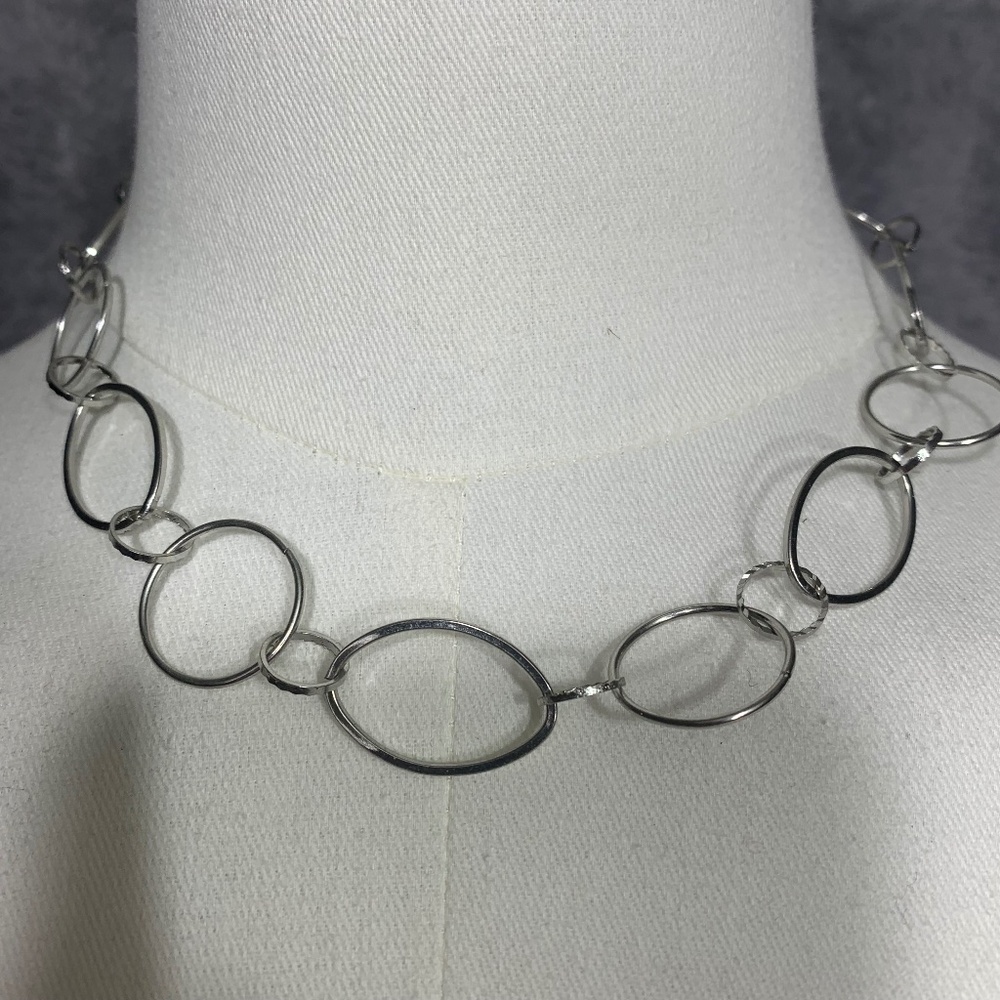 Silver‎ Tone Open Link Necklace Oval Circle Chain Toggle Clasp Modern Jewelry